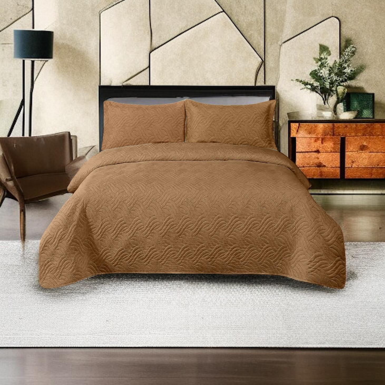 BEJ 2 Cuvertură de pat din catifea 200×220 cm + 2 fețe de pernă Bej - imagine 1