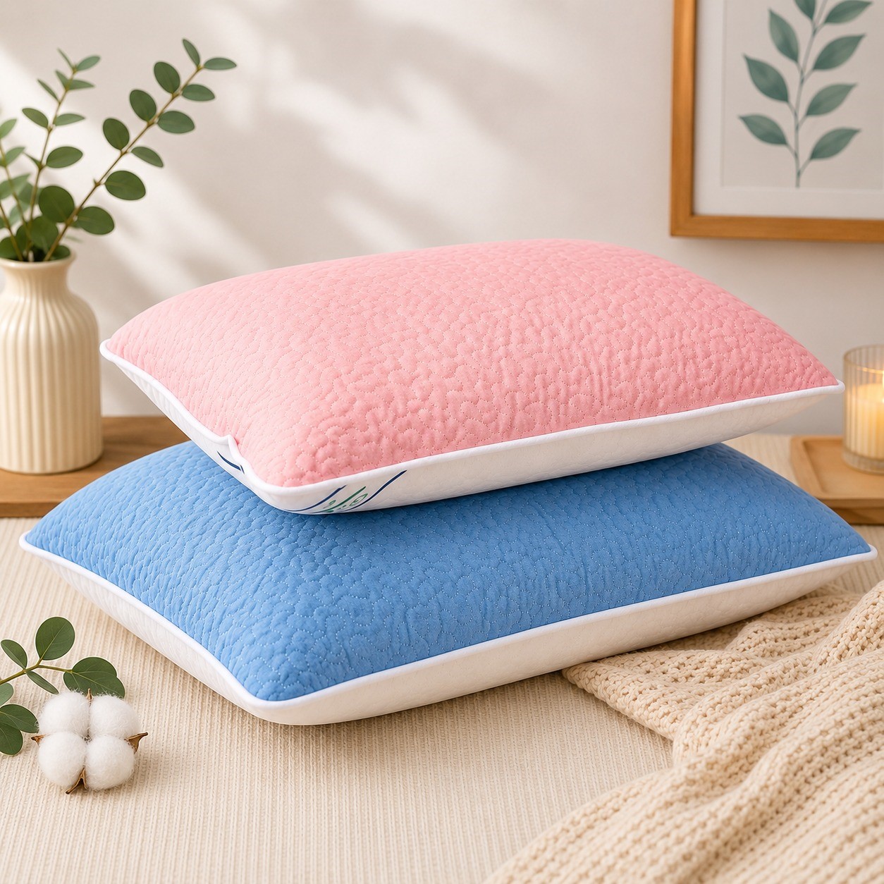 natur roz+bleu Set 2 Perne Confort 50x70 cm, Față de Vară și Față de Iarnă Roz/Bleu - imagine 1