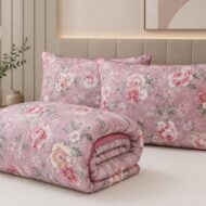 Set Pilotă Matlasată cu 2 Perne, Floral Roz, Model 9 - imagine 2